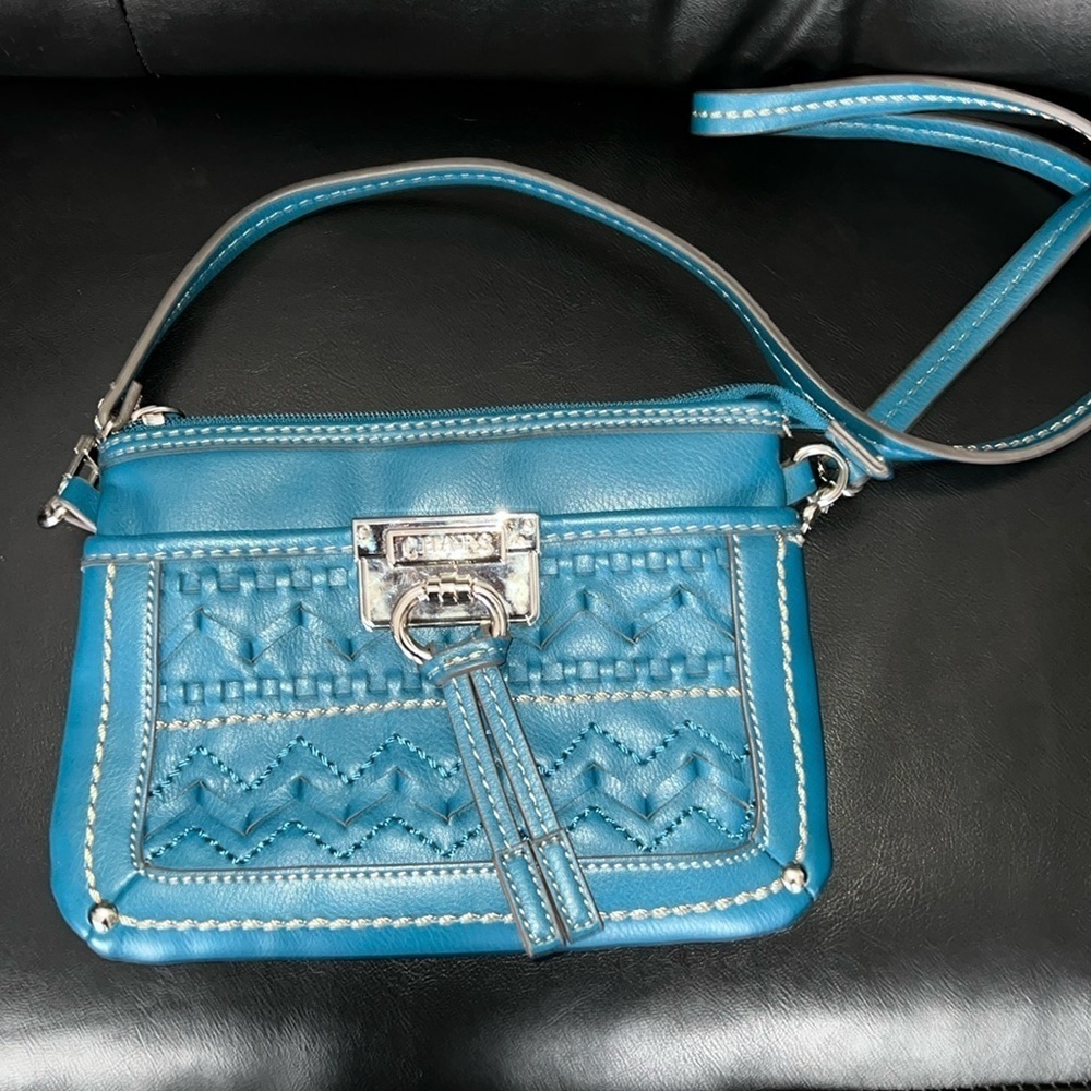Teal Turquoise Green Vegan Leather Chaps Crossbody Bag Clutch Embellishment
